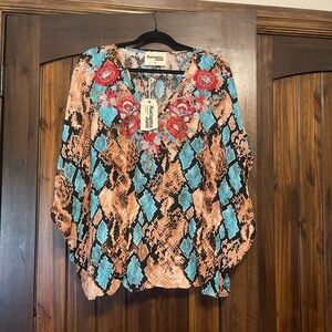 Savanna Jane Turquoise & Tan Embroidered V-Neck Snake-Print Blouse